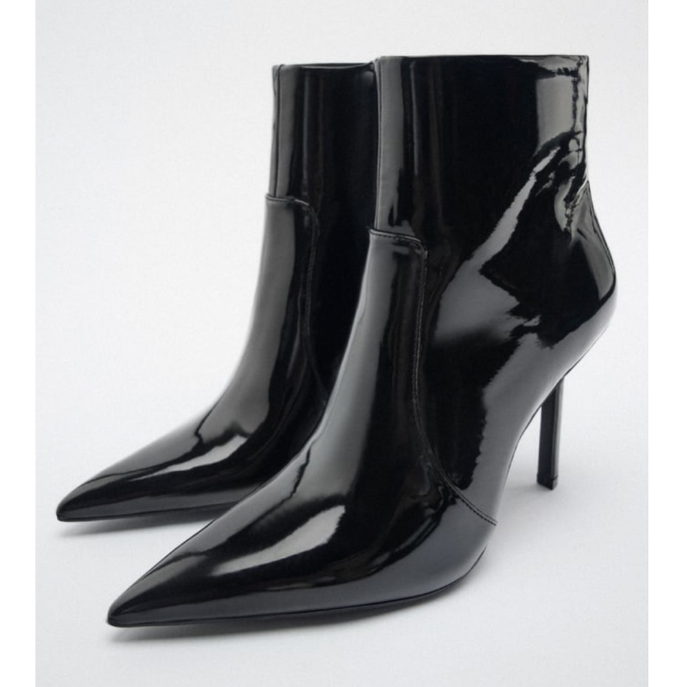 {ZARA} Faux Patent High Heeled Ankle Booties Size 40 Black NWOT